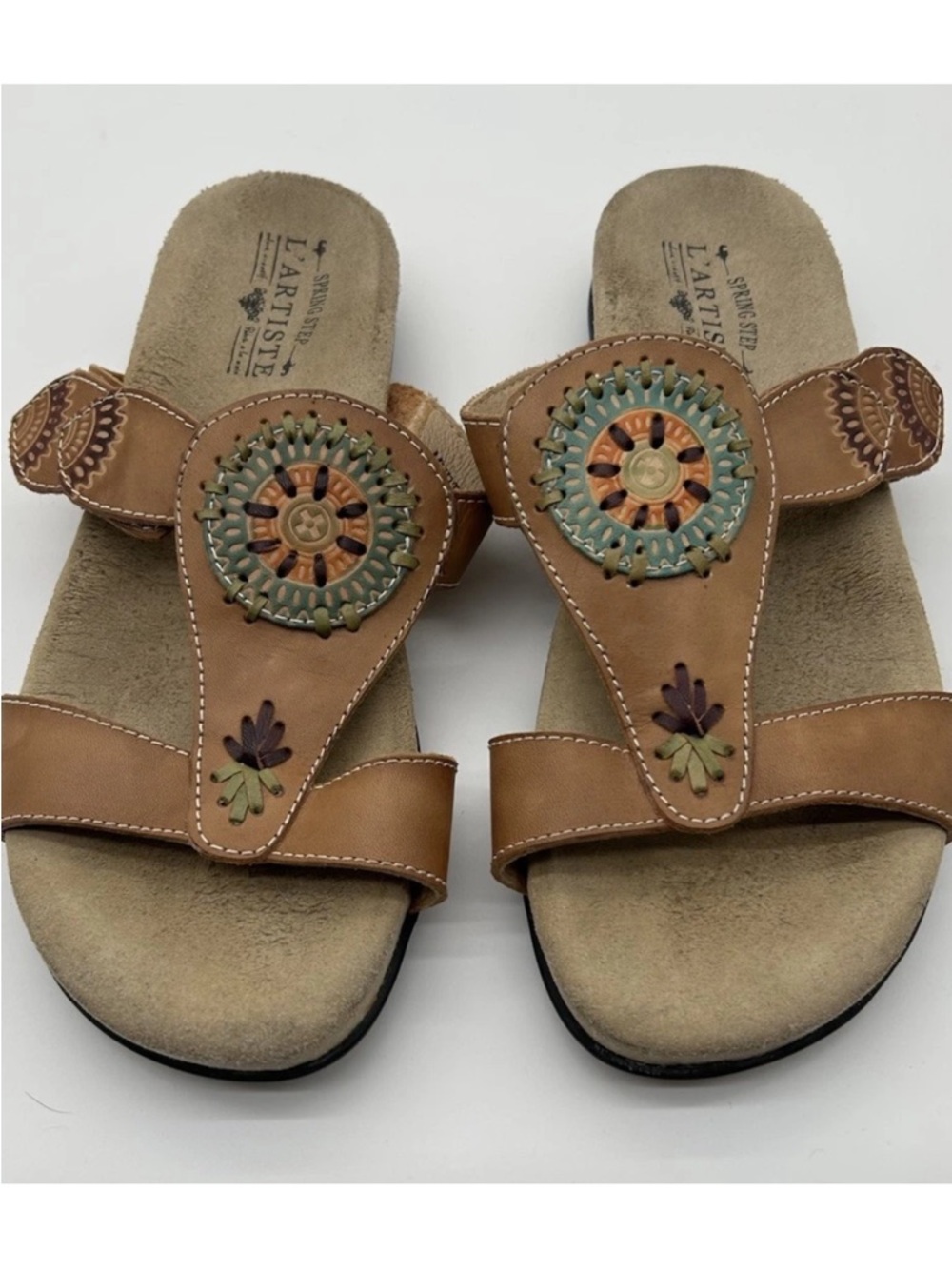 L'ATISTE Tan Leather Slide Sandals with Decorative Multicolor Medallions